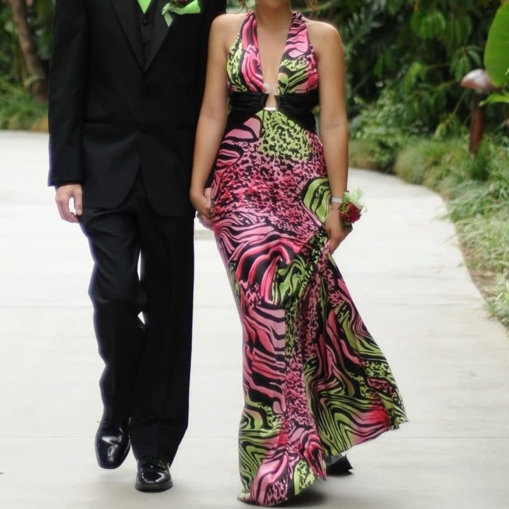 [SOLD] Morgan & Co. Pink and Green Halter Dress